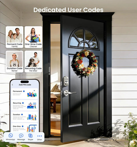 Smooth Operator WiFi Deadbolt Door Lock With Handle Set Keypad Entry Satin Nickel Finish shown on a stylish black door with a wreath.