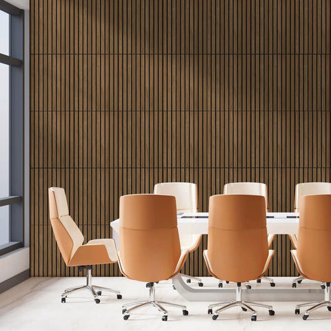 Walnut Acoustic Wall Panels 12 Pack Self Adhesive 16 By 12 By Four Tenths Of An Inch in modern conference room setting
