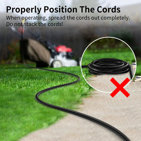 Outdoor Extension Cord 75 Ft Waterproof SJTW 16 AWG 3-Conductor Black for Yard Use, shown in use with lawn mower.