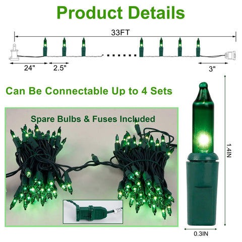 Incandescent 150 Count Christmas String Lights On Green Wire 120V UL Certified Fairy Lights Indoor Outdoor Decor Warm Clear Glow For Xmas Tree Patio Garden Holidays Party Vibe Easy Plug In showing dimensions, spare bulbs, and connectable feature.