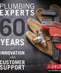Plumbing experts celebrating 60 years of innovation with gloves and wrench, Delta logo visible, illustrating reliability.