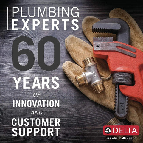 Plumbing Experts 60 Years with red pipe wrench and gloves beside text; Woodhurst Chrome Bathroom Faucet For 1 Or 3 Hole Sinks No Fuss Deck Plate Vanity Faucet With Push Pop Drain Assembly Metal Construction Easy Install And Durable Performance