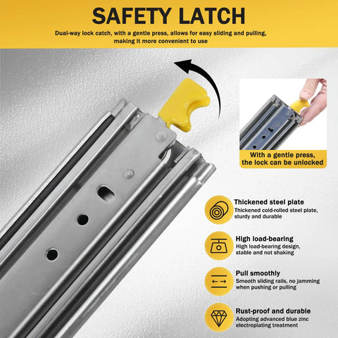 Close-up of safety latch and features on Heavy Duty Locking Drawer Slides 76 Inch Full Extension With Noiseless Bearings, 500 Lb Capacity Industrial Rail With Lock
