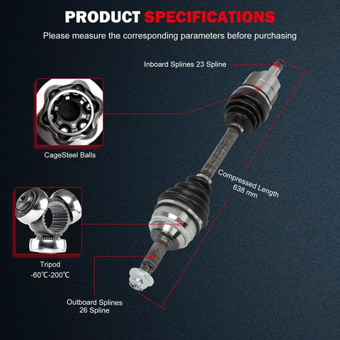 Front Left CV Axle Shaft Assembly For Toyota Corolla 2003-2008 1.8L L4 Automatic, 23/26 spline, 638 mm