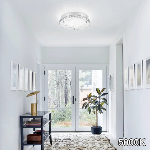 Flush Mount LED Crystal Ceiling Light, 13 Inch Modern Fixture With Edge Crystal Glass, ideal for bright hallway lighting.