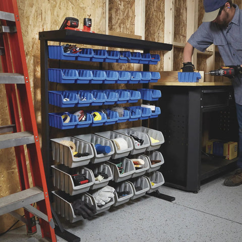 Heavy Duty Garage Organization Workhorse Storage Rack with powder coated steel rails and 47 polypropylene bins in workshop.