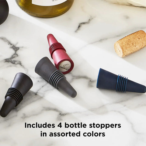 Preserve Your Opened Bottles With This Game Changing Set Of Four Multicolor Wine Stoppers crafted from food grade silicone and stainless steel.