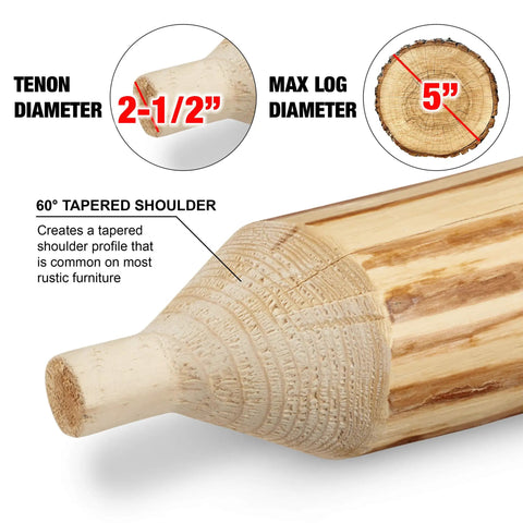 Pro Grade Tenon Cutter Kit for Log Furniture with 1 to 3 Inch Cutters and Forstner Bits showing 2-1/2 inch tenon and 60-degree shoulder
