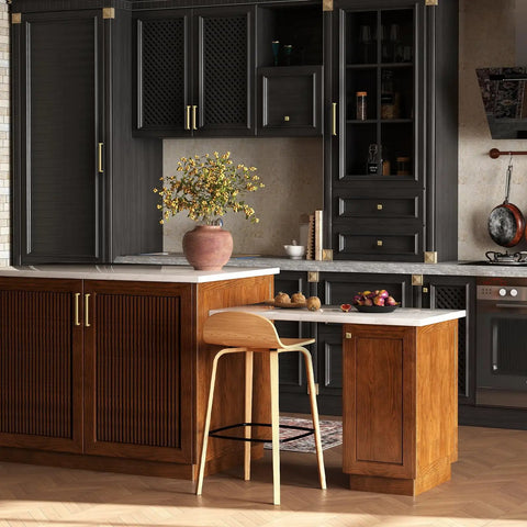 Modern kitchen with dark cabinets featuring 5 Pack Brushed Gold Cabinet Knobs Made From Solid Zinc Alloy