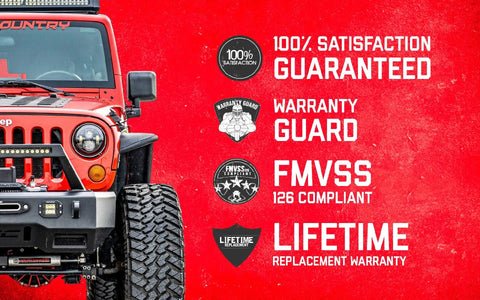 Close-up of Jeep front with Heavy Duty Steering Kit With Stabilizer For Jeep TJ XJ ZJ MJ N3 Damper Tie Rod Ends and warranty icons.