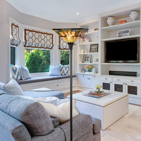 Tiffany Style Mission Floor Lamp With Real Stained Glass Shade, Vintage Uplight Torchiere in a modern living room