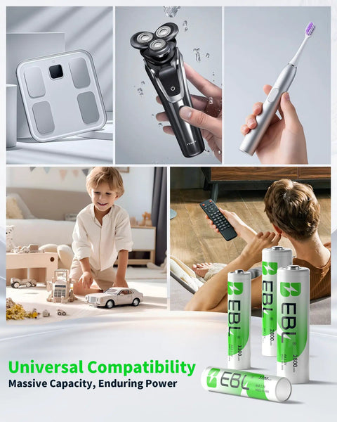 All In One Rechargeable AA And AAA Batteries Kit With 8 Bay Smart Charger 2800mAh AA 1.2V NiMH And 1100mAh AAA 1.2V NiMH shown in use with toys, remotes, and electronics.