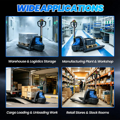 Heavy Duty 4400 Lb Motorized Electric Pallet Jack Truck With Quick Swap Battery, Fast Charge, And Compact Turning Radius in a warehouse.