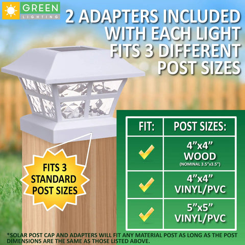 Evolve White Outdoor Post Cap Lights For 4x4 And 5x5 PVC Vinyl Posts Waterproof Solar LED NiCd Battery Included No Fuss Sun Powered Illumination 12 Pack Set on post with size chart