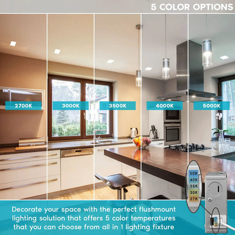 Kitchen with 5 color options from 2700K to 5000K displayed by 6 Inch Ultra Thin Square LED Recessed Lighting Kit With 15W 5CCT Color Selectable