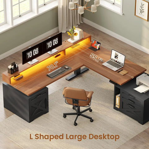 Farmhouse L Shaped Standing Desk With Height Adjustable Sit Stand Layout 70.1 By 73.2 Inches Built In Drawers And Power Outlet Monitor Stand And LED Lights Cable Management Large Black Home Office Desk Workhorse in modern home office setting