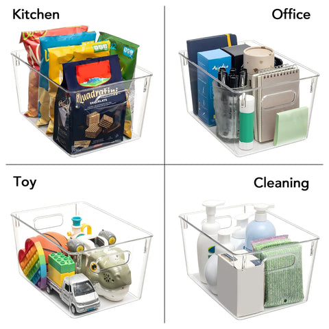 Straighten Up Your Space With This Solid 10 Piece Set Of Clear Plastic Storage Bins featuring kitchen snacks, office supplies, toys, and cleaning items.