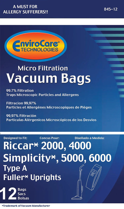 Packaging of Replacement Micro Filtration Vacuum Dust Bag Set 12 Pack For Riccar 2000 4000 Vibrance Series Simplicity Type A