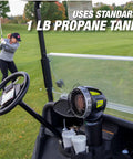 Portable 4000 BTU Radiant Propane Heater For Golf Carts Heats Up To 100 Sq Ft With A 1 Lb Cylinder shown mounted on a golf cart