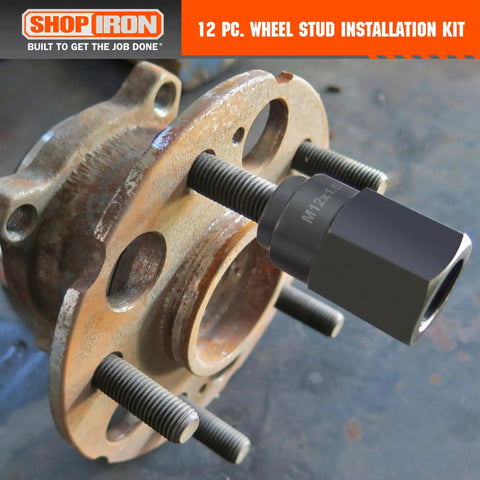 Wheel Stud Installation And Rethread Kit, 12-Piece No Fuss Pro Grade Set in use on metal hub with stud pulling tool