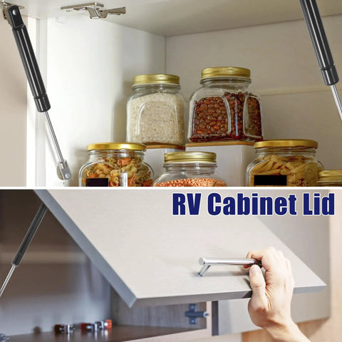 Rugged 6 Inch Lift Support Struts Deliver Hella Strong 35 Pound Gas Spring Performance to effortlessly raise RV cabinet lid.