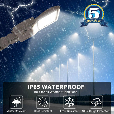 LED Parking Lot Light With Photocell, 19000 Lumens Shoebox Pole Fixture in storm, IP65 waterproof, warranty badge visible