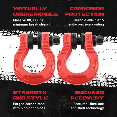 Beefy Off Road Recovery Shackles With Anti Theft Lock 80k Lbs Strength 40 Tons For Tow Strap Or Winch Line D Rings And Uber Lock Security Pin Red 2 Pack