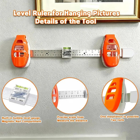 Slick 3 In 1 Picture Hanging Tool With Built In Bubble Level And Magnetic Nail Setter, detail of level ruler on wall.
