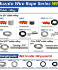 Muzata Wire Rope Series WP1 showing various cable options, WR02 T316 and WR22 T316 Marine Grade for railings and hanging applications.
