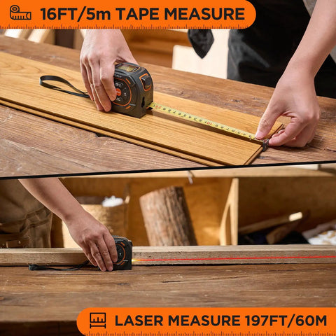 2 In 1 Laser Distance Meter And 16 Foot Auto Lock Digital Tape Measure For Quick One Handed Measurements A Real Workhorse For Wide Area Scans And Tight Corners 197 Ft Laser Range And 16 Ft Auto Locking Tape For Builders And DIYers measuring wood board