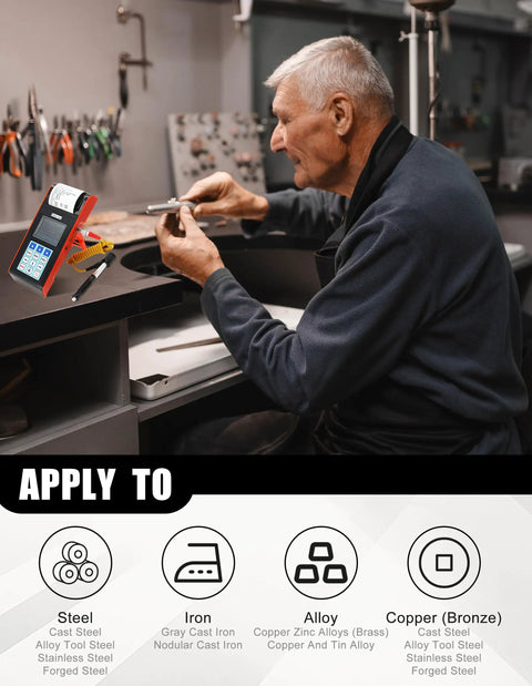 Man using Digital Hardness Tester With Built In Printer And Full Color Display, 7 In 1 Metal Hardness Meter supporting HL HB HRB HRC HRA HV HS Scales