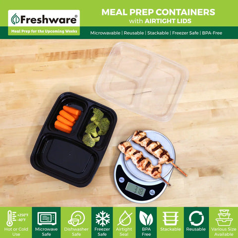 Grab And Go Meal Prep Containers 50 Pack With 3 Compartments 24 Oz Each Bento Boxes BPA Free Stackable Lids on scale