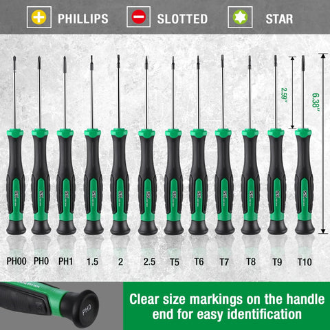 Hella Durable 12 Piece Mini Screwdriver Set Featuring Rock Hard Magnetic Bits And Smooth 360 Degree Swivel For Nitty Gritty Precision And Tech Fixes with size markings.
