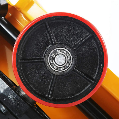 Close-up of a 7 inch Rolling Smooth Polyurethane Steering Wheel with sealed bearings for pallet jack replacement.