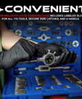 Person holding a tool from the Beast 110 Piece Metric Tap And Die Set for threading bolts and pipes, in a convenient case