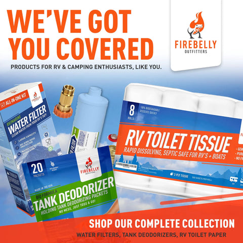 Firebelly Outfitters RV water filter kit with inline filtration, tank deodorizer, and RV toilet tissue