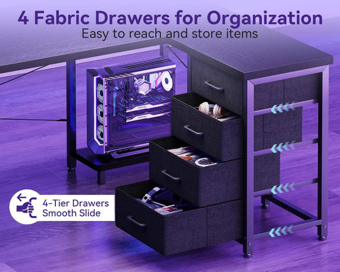 L Shaped Gaming Desk With Four Drawers And Power Outlets For Home Office 61 Inch Corner Desk With USB Charging Port And Host Stand