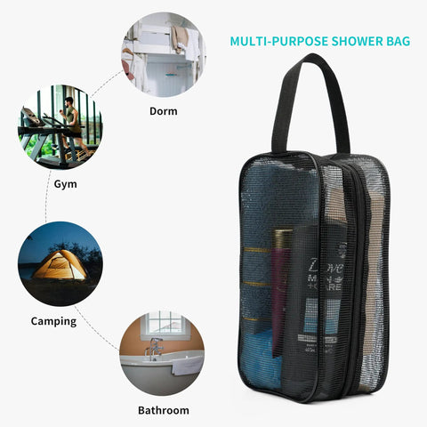 Mesh Shower Caddy Bag For Bathroom, Gym, Camping And Travel with toiletries, multi-purpose use depicted