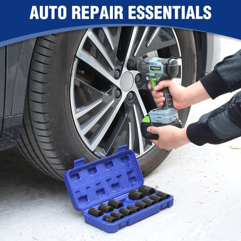 Shop Grade One Half Inch Metric Impact Socket Set With Shallow Six Points And Hardened Steel Build For Easy Rig Repairs And Weekend Project Grinds Inside Sturdy Tote Case, displayed with a power tool on a car tire.
