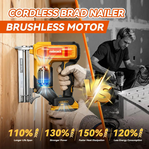 Brushless Cordless Brad Nailer Compatible With Dewalt 20V Max Battery 18 Gauge Power Tool shown in use on wood.
