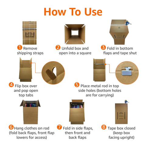 How to use Dang Sturdy Cardboard Wardrobe Moving Boxes featuring heavy duty metal clothes hanger bar instructions in eight steps.