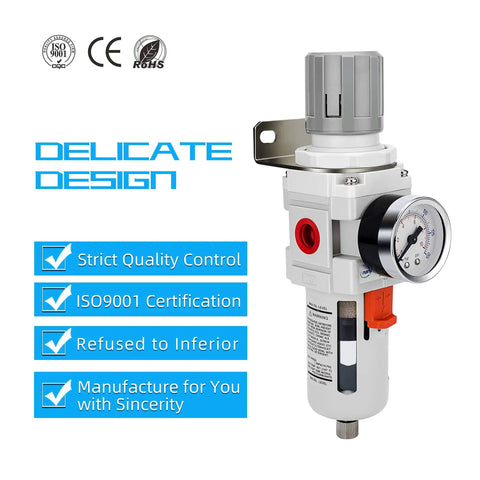 Half Inch NPT Compressed Air Filter Regulator Combo With Piggyback Design, with gauge and metal bracket, 5 micron filter