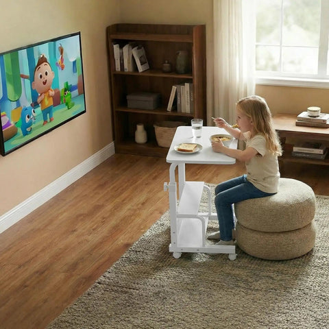 Child using Space Saver C Shaped Laptop Desk On Wheels For Small Spaces White 24 Inch Height Adjustable With 2 Tier Storage Shelves