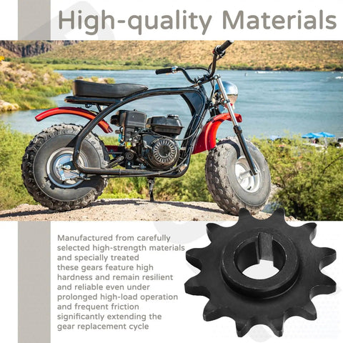 Twelve Tooth Five Eighth Inch Bore C Type Jackshaft Sprocket For Forty, Forty One And Four Twenty Chain, displayed with off-road bike