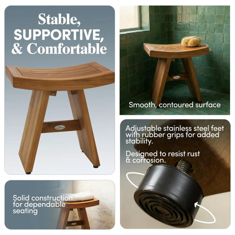 18-Inch Teak Shower Bench for Small Bathrooms and Outdoor Showers, space-saving bath stool with foot rest and non-slip feet