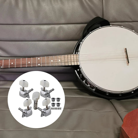 Banjo Machine Head Tuning Peg Set With Bushings Chrome Metal Replacement Parts displayed beside a banjo.
