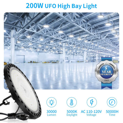 UFO LED High Bay Light 200W 5000K IP65 With US Plug Wicked Bright Warehouse Barn Garage Shop Lighting 20000 Lumens