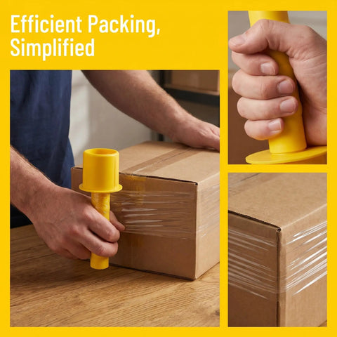 2 Pack Stretch Film Dispenser Handles With Strong Grip And Enhanced Comfort, Yellow plastic handle wrapping a cardboard box