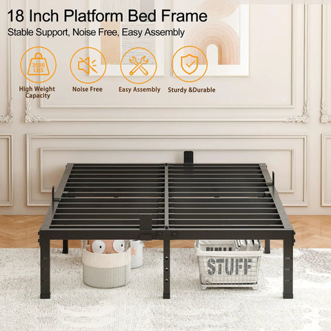 Rock Solid Full Size Bed Frame Featuring Heavy Duty Steel Slats And Recessed Middle Support Holds Three Thousand Five Hundred Pounds with flat design.