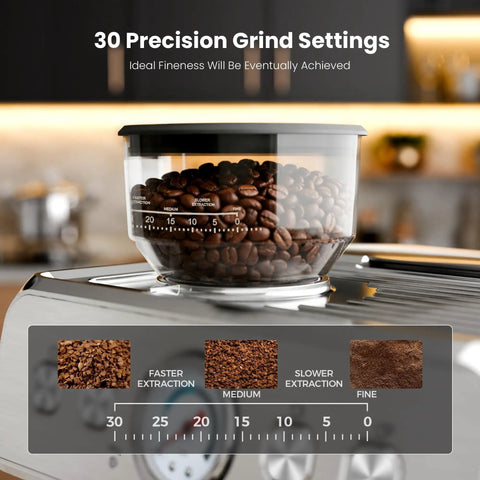 Game Changing Espresso Machine With Built In Grinder And 20 Bar Pressure, showing 30 grind settings with coffee beans in a container.